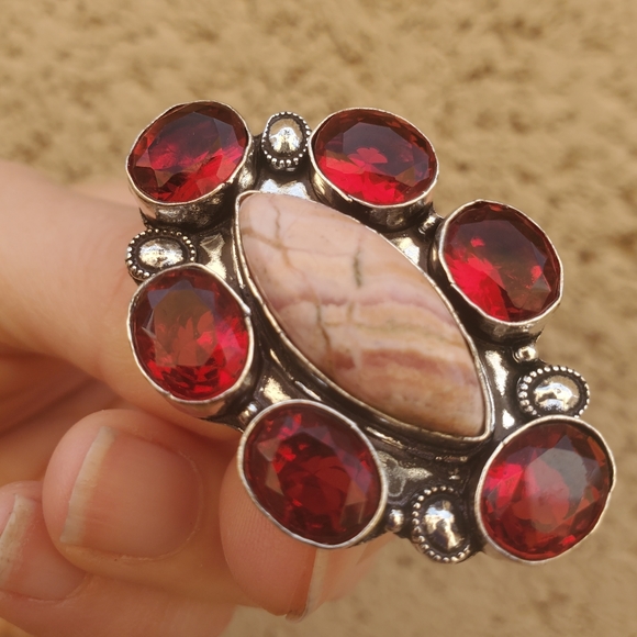 New Oversized Rhodochrosite & Garnet 925 Silver Statement Ring. - Picture 11 of 16